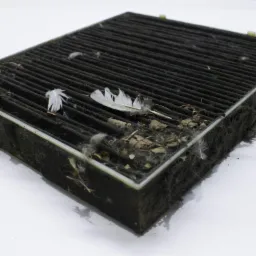 Używany, bardzo zabrudzony filtr kabinowy z piórami i liśćmi na białym tle, ukazujący stopień zanieczyszczenia i potrzebę wymiany.