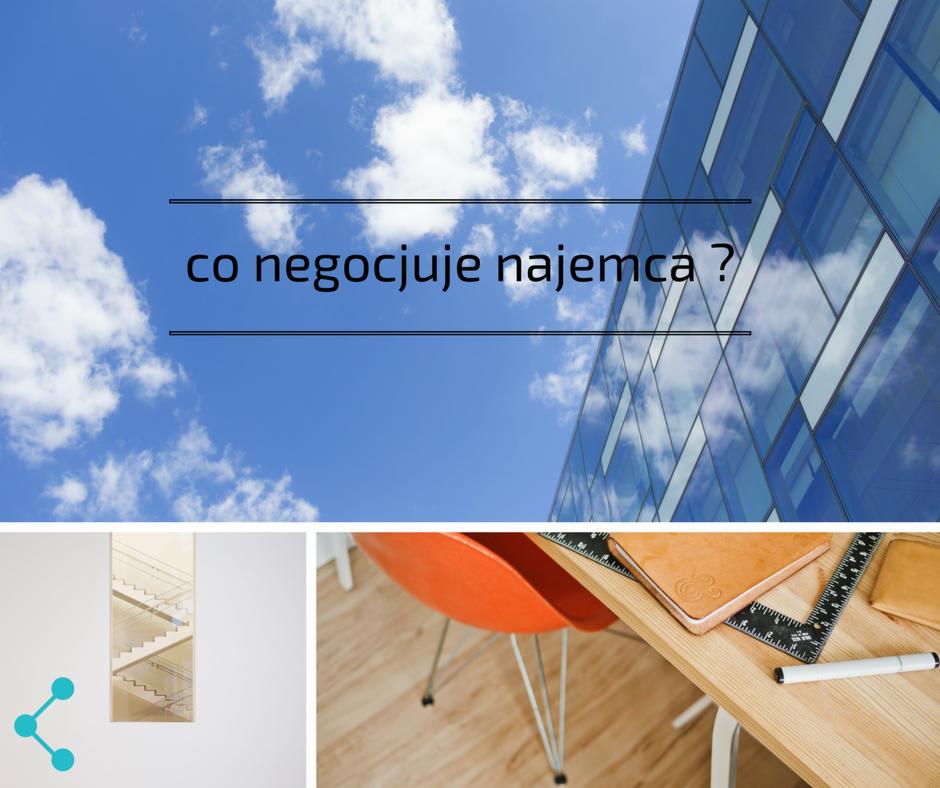 Biuro z widokiem na błękitne niebo i nowoczesny budynek, na biurku notatnik, miarka i długopis, pytanie 'co negocjuje najemca?'
