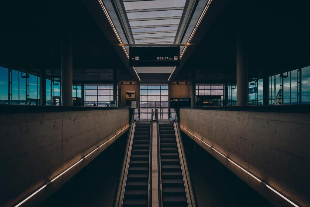 Dwa równoległe ruchome schody w hali z betonowymi ścianami i dużymi oknami, widoczny znak E62-67 nad schodami.