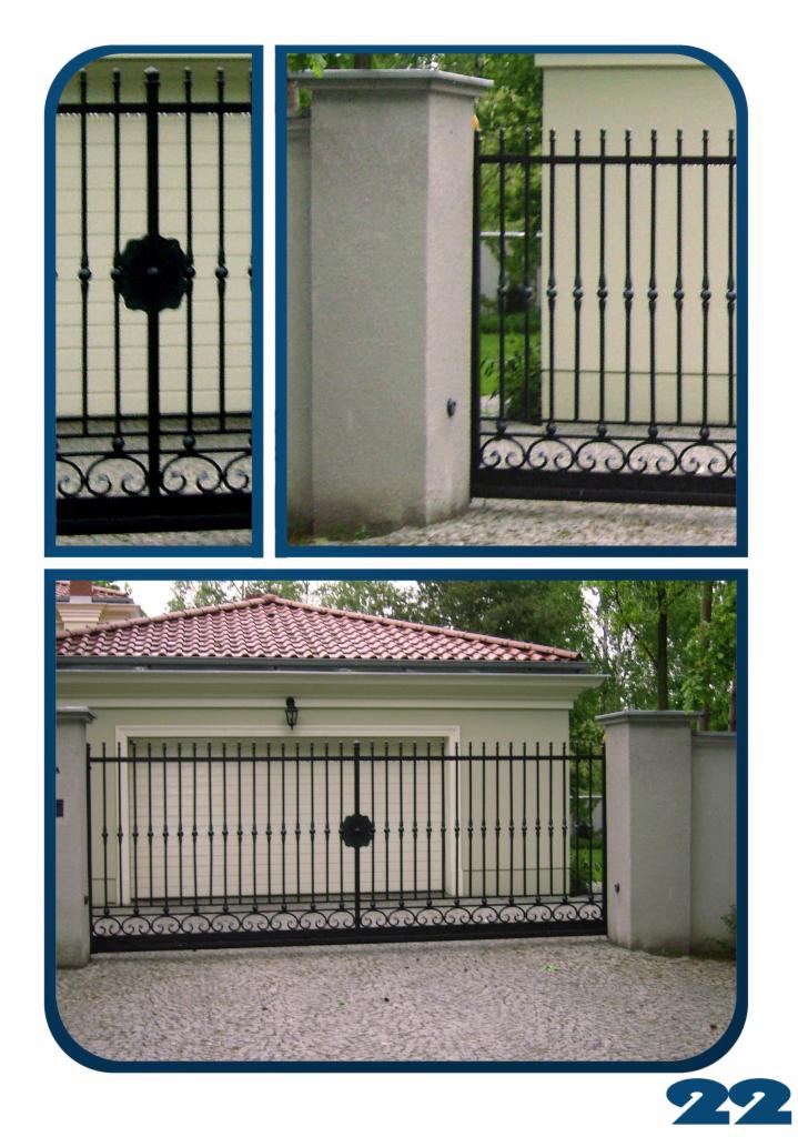 Kompozycja z trzech ujęć: detale kutej bramy wjazdowej z ozdobnym motywem roślinnym, słupka ogrodzeniowego oraz widok całości bramy z garażem w tle.