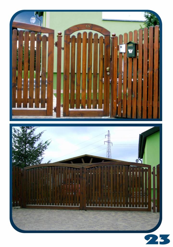 Dwa ujęcia drewnianego ogrodzenia: górne przedstawia furtkę z numerem 69 i skrzynką na listy, dolne dwuskrzydłową bramę wjazdową na tle słupa wysokiego napięcia.
