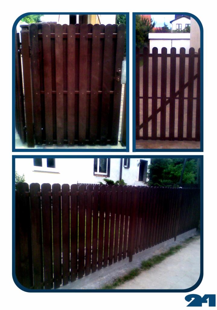 Kompozycja trzech ujęć brązowego ogrodzenia z drewnianych sztachet: brama wejściowa z widocznym zamkiem, furtka z poprzecznymi wzmocnieniami oraz długi odcinek ogrodzenia wzdłuż chodnika.