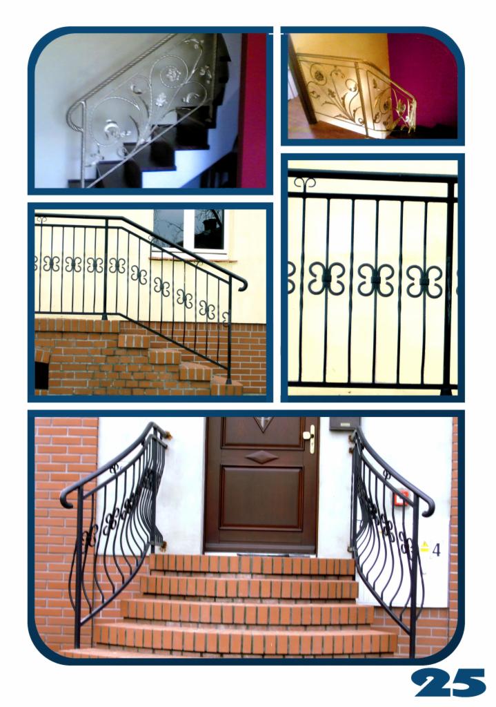 Kompilacja zdjęć przedstawiających różne wzory metalowych balustrad schodowych, zarówno wewnętrznych jak i zewnętrznych, z motywami roślinnymi i geometrycznymi.
