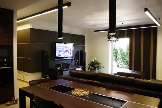 Nowoczesny salon z ciemnymi ścianami, podłużnymi lampami sufitowymi i dużym telewizorem, widok na ogród przez okno.