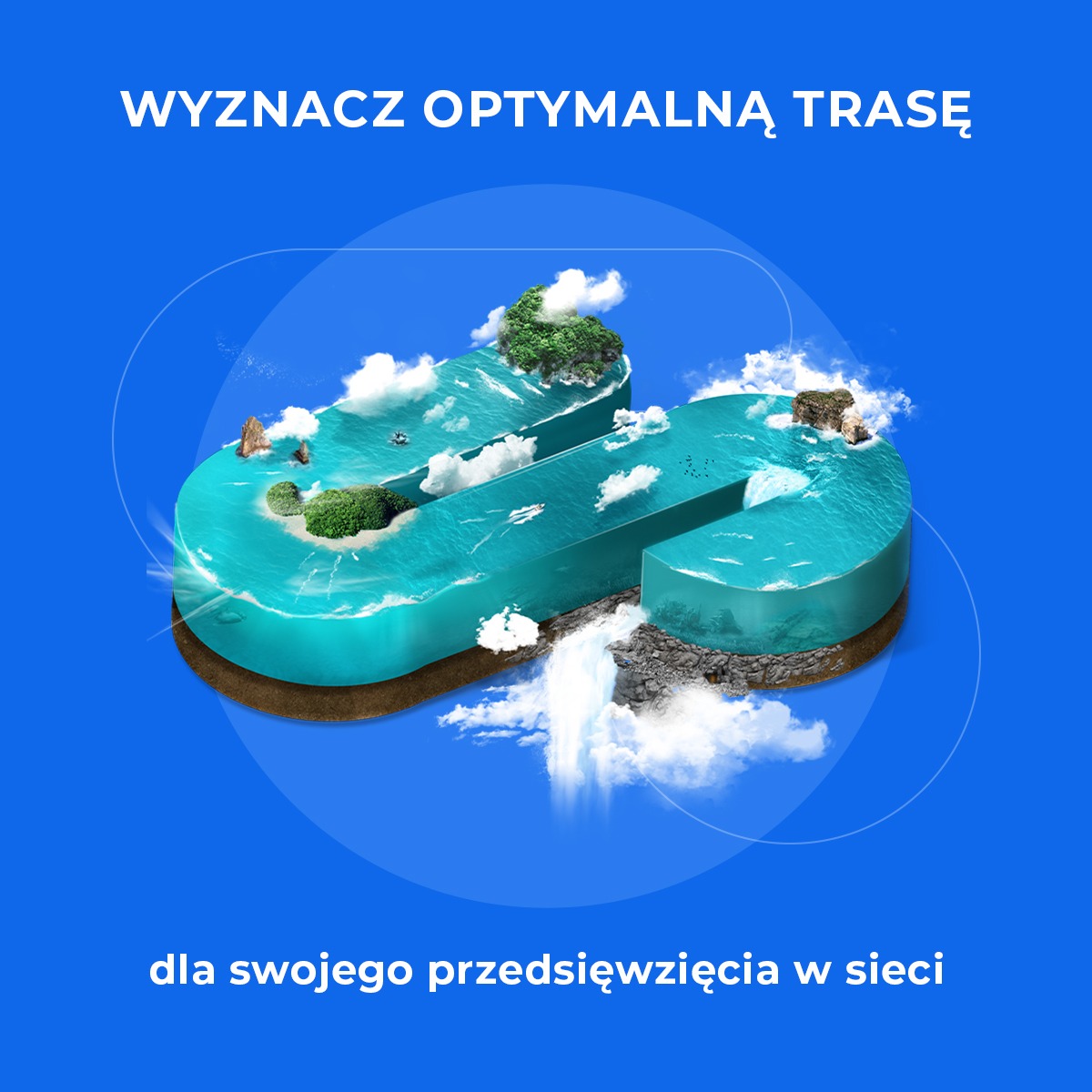 Stylizowany znak dolara jako wyspa z wodą, zielenią i wodospadem, symbolizujący optymalną trasę dla przedsiębiorstwa w sieci.