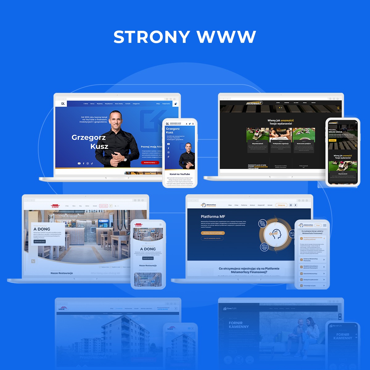 Prezentacja responsywnych stron internetowych na laptopach i smartfonach, różne projekty graficzne i układy treści, na jednolitym niebieskim tle.