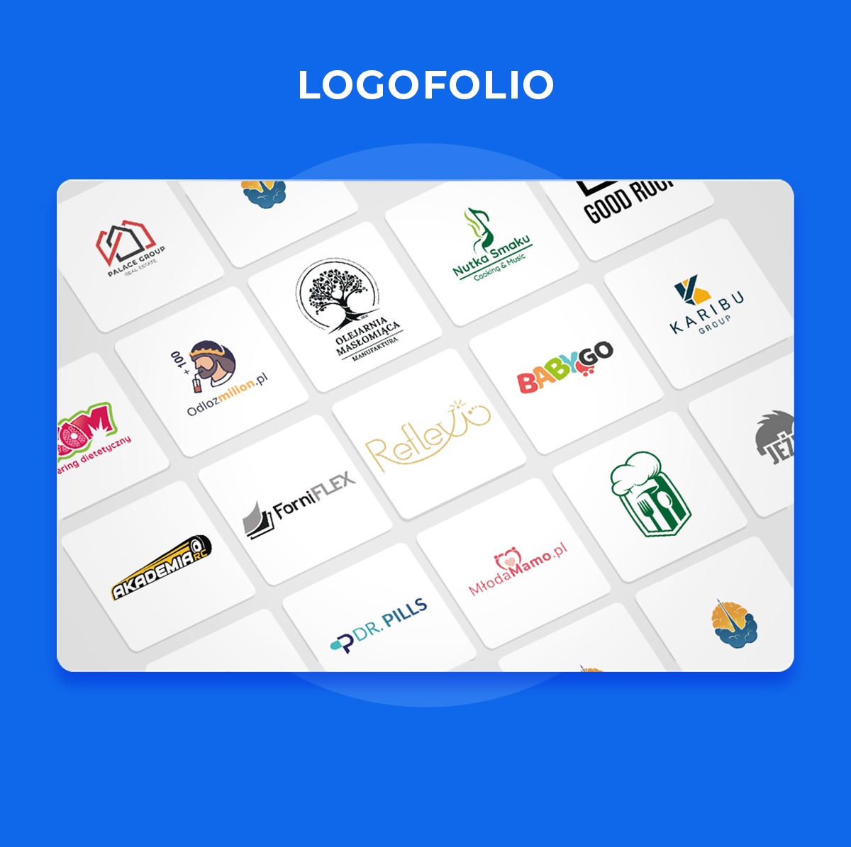 Kompilacja różnorodnych logo firmowych, prezentowana na białych kwadratach z zaokrąglonymi rogami, ułożonych na niebieskim tle. Loga reprezentują różne branże, od nieruchomości po żywność i edukację.