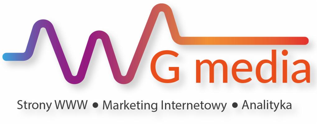 Logo firmy WG media z Sieradza, gradientowy symbol graficzny przypominający wykres i napis 'WG media', pod spodem hasła: Strony WWW, Marketing Internetowy, Analityka.