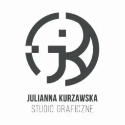 Minimalistyczny, okrągły logotyp z inicjałami 'JK' w odcieniach szarości, poniżej nazwa 'Julianna Kurzawska Studio Graficzne' na białym tle.