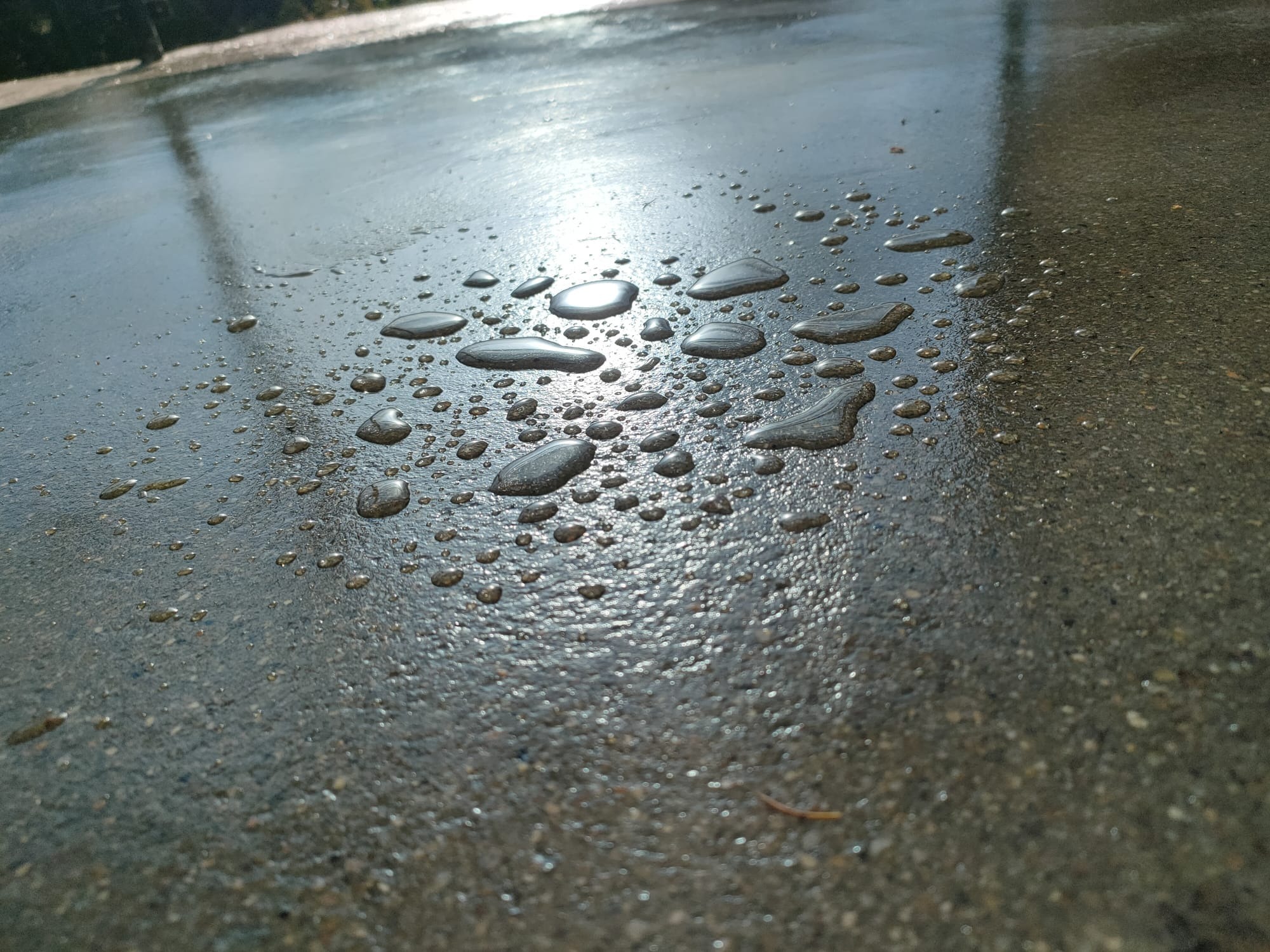Świeżo wylana, mokra posadzka przemysłowa z widocznymi kroplami wody odbijającymi światło słoneczne.