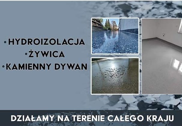 Kompozycja prezentująca hydroizolację, posadzki żywiczne i kamienny dywan, z hasłem 'Działamy na terenie całego kraju'.
