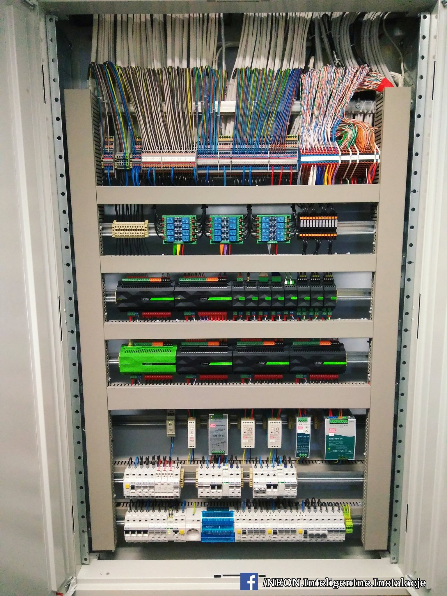 Rozdzielnica elektryczna z licznymi przewodami i modułami sterującymi, zainstalowana w Pozezdrzu. Widoczne kable uporządkowane w wiązki, zasilacze impulsowe i bezpieczniki.