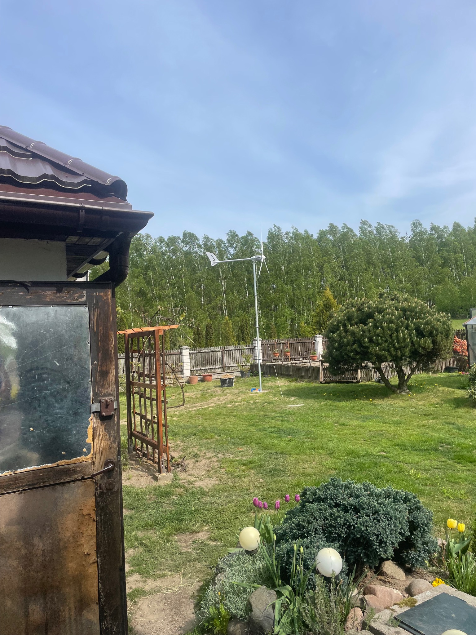 Ogród z małą turbiną wiatrową na tle lasu, widoczna zardzewiała konstrukcja i fragment dachu budynku. Energia odnawialna w krajobrazie.