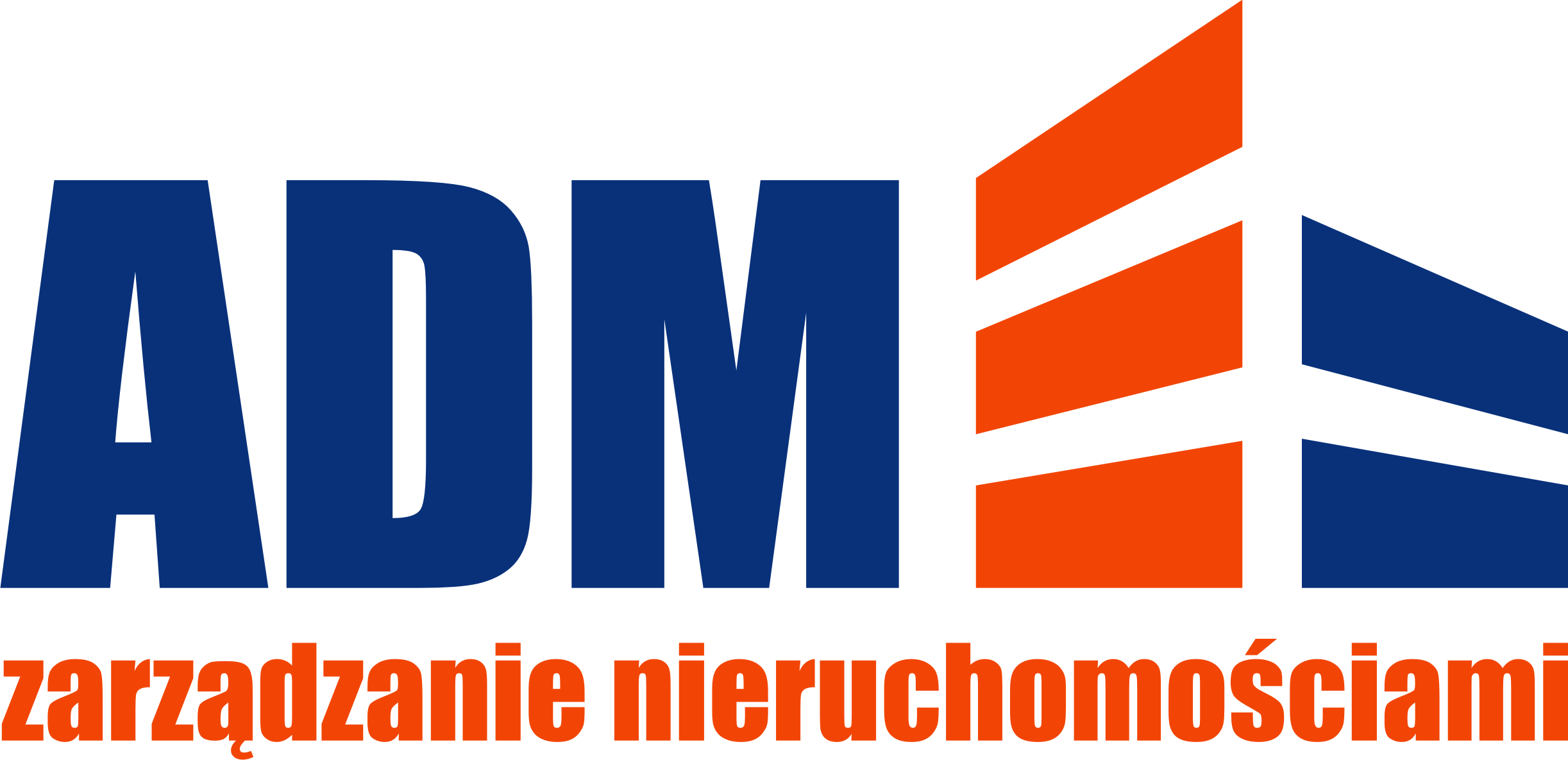 Grafika z niebieskim napisem 'ADM' i pomarańczowym tekstem 'zarządzanie nieruchomościami', obok stylizowane budynki w pomarańczowo-niebieskiej kolorystyce.