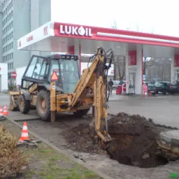 Żółta koparko-ładowarka CASE 580ST z wysuniętym ramieniem kopiąca dół w ziemi przy stacji benzynowej Lukoil, zabezpieczona pomarańczowymi pachołkami.