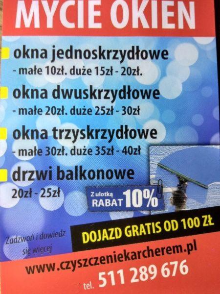 Ulotka reklamowa usług mycia okien, z cennikiem dla okien jedno-, dwu- i trzyskrzydłowych oraz drzwi balkonowych, z rabatem 10% i darmowym dojazdem powyżej 100 zł.