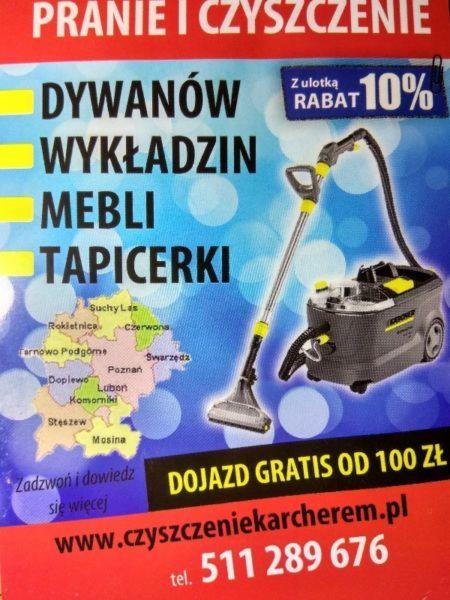 Plakat reklamowy z odkurzaczem piorącym Karcher, ofertą prania dywanów, wykładzin, mebli i tapicerki, z mapą okolic Poznania i informacją o darmowym dojeździe od 100 zł oraz adresem strony...