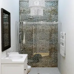 Nowoczesna aranżacja łazienki w Bydgoszczy: biała szafka z umywalką, kabina prysznicowa z przesuwnymi drzwiami na tle dekoracyjnej ściany, oświetlona ozdobnym, wielopoziomowym żyrandolem.