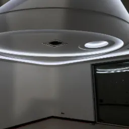 Nowoczesny sufit podwieszany z oświetleniem LED w kształcie okręgów i kwadratu, widoczny fragment ściany i okna.