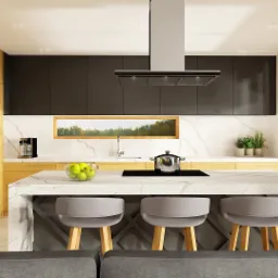 Nowoczesna kuchnia z wyspą, marmurowym blatem, drewnianymi szafkami i czarnym okapem, widok z salonu.