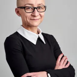 Portret kobiety w czarnej sukience z białym kołnierzykiem i okularach, z rękami skrzyżowanymi na piersiach, na jednolitym szarym tle.