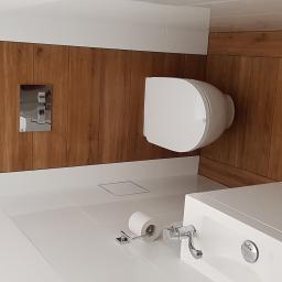 Szymon Zielinski - Nowoczesna toaleta podwieszana z drewnopodobnymi panelami ściennymi i białymi płytkami podłogowymi, chromowany przycisk spłukiwania, minimalistyczny design.