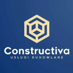 Logo firmy Constructiva Usługi Budowlane z geometrycznym symbolem sześcianu w kolorze złotym na granatowym tle.