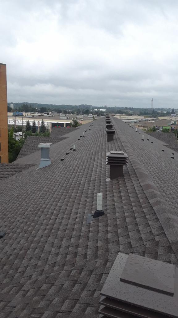 Długi, ukośny widok na dach pokryty gontem bitumicznym w odcieniach szarości, z widocznymi kominami wentylacyjnymi i odpowietrznikami, na tle zabudowy miejskiej pod pochmurnym niebem. W prawym...