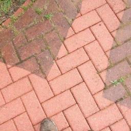 Action Direct Cleaning - Częściowo wyczyszczona czerwona kostka brukowa ułożona w jodełkę, z widoczną różnicą między brudną a czystą powierzchnią oraz fragment buta w dolnym rogu.