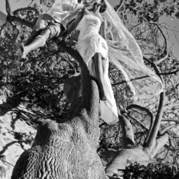 Czarno-białe zdjęcie ślubne przedstawiające parę na drzewie: panna młoda w krótkiej sukni i welonie stoi na grubej gałęzi, a pan młody siedzi obok, trzymając ją za twarz. Ujęcie z dołu, widoczne...