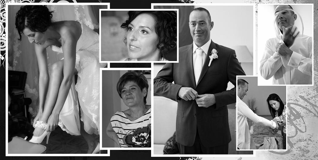 Czarno-biały kolaż zdjęć przedstawiający przygotowania do ślubu: panna młoda zakłada podwiązkę i buty, portrety gości, pan młody zapinający marynarkę i poprawiający mankiety koszuli.