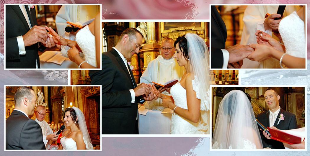 Fotografia ślubna w kościele, kolaż ujęć z ceremonii zakładania obrączek przez parę młodą, z udziałem księdza i gości.