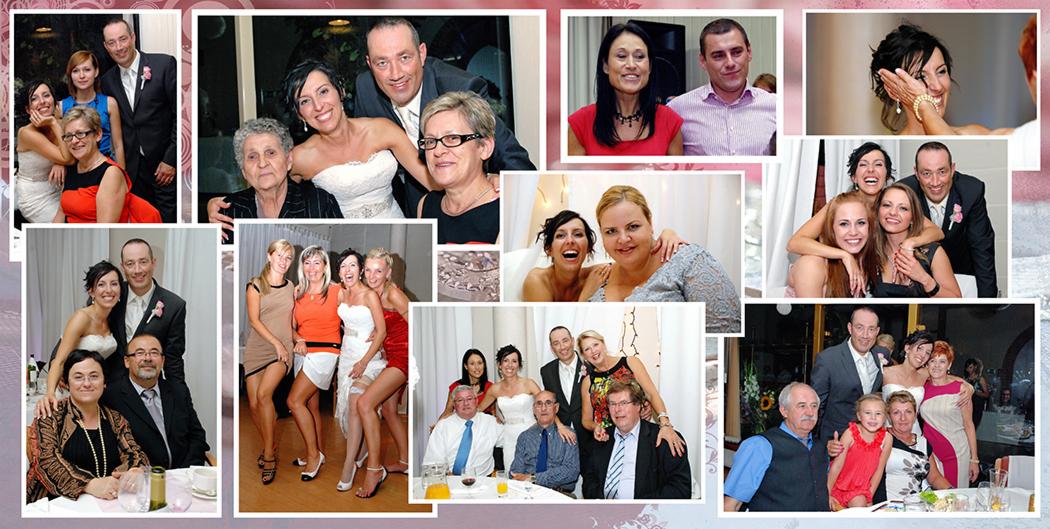Kolaż zdjęć grupowych z uroczystości, przedstawiający uśmiechnięte osoby w różnym wieku, w tym panny młode i pary w strojach formalnych, uchwycone w różnych pozach i sceneriach.