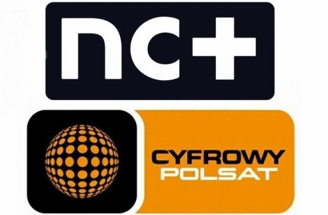 Logotypy operatorów telewizji satelitarnej: NC+ na ciemnym tle oraz Cyfrowy Polsat z kulą ziemską w rogu na pomarańczowym tle.