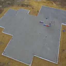 Świeżo wylana płyta fundamentowa z widocznymi pionowymi rurami instalacyjnymi, ujęcie z drona ukazuje krawędzie płyty i otaczający ją grunt.