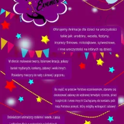 Grafika reklamowa z fioletowym tłem, przedstawiająca ofertę animacji dla dzieci na różnego rodzaju uroczystości, z informacją o malowaniu twarzy, balonowych kreacjach, pokazach baniek mydlanych...