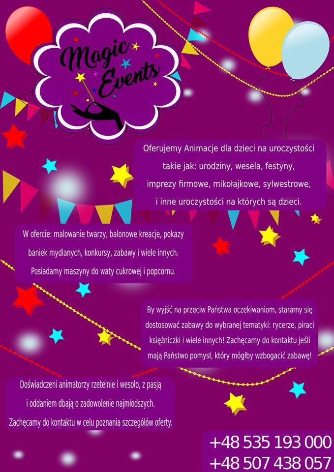 Grafika reklamowa z fioletowym tłem, przedstawiająca ofertę animacji dla dzieci na różnego rodzaju uroczystości, z informacją o malowaniu twarzy, balonowych kreacjach, pokazach baniek mydlanych...