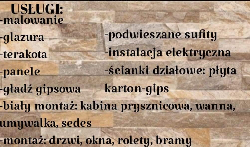 Lista usług remontowo-wykończeniowych: malowanie, glazura, terakota, panele, gładź gipsowa, podwieszane sufity, instalacja elektryczna, ścianki działowe z płyt karton-gips, biały montaż (kabina...
