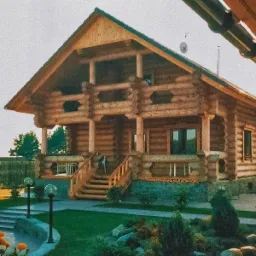 Dwukondygnacyjny budynek z bali z balkonem, drewnianymi schodami i zadbanym ogrodem z lampami, widok z dołu.