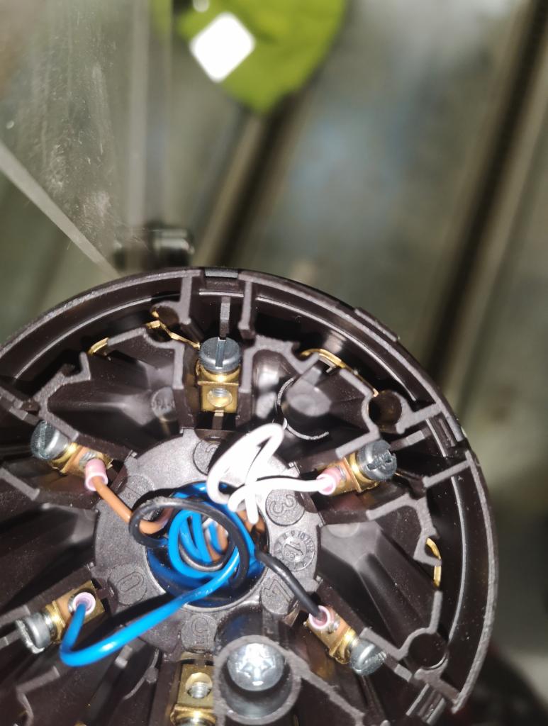 Wnętrze puszki elektrycznej z podłączonymi przewodami: niebieski, czarny, brązowy i biały, z widocznymi śrubami mocującymi.