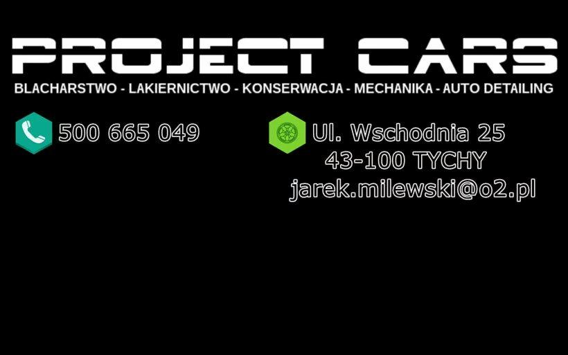 Wizytówka warsztatu samochodowego Project Cars z Tychów, oferującego blacharstwo, lakiernictwo, konserwację, mechanikę i auto detailing. Zawiera numer telefonu, adres i adres e-mail.