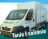 Biały samochód dostawczy z nadrukowanym logo firmy ABART, z hasłem 'Tanio i solidnie' na tle turkusowego paska, sugerujący usługi transportowe.