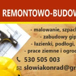 Wizytówka firmy remontowo-budowlanej z młotkiem, poziomicą i planem architektonicznym w tle, prezentująca zakres usług: malowanie, szpachlowanie, zabudowy gips-karton, łazienki, podłogi, elewacje...