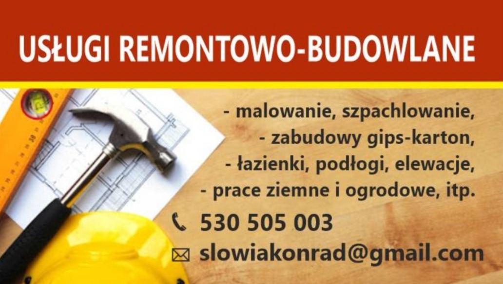 Wizytówka firmy remontowo-budowlanej z młotkiem, poziomicą i planem architektonicznym w tle, prezentująca zakres usług: malowanie, szpachlowanie, zabudowy gips-karton, łazienki, podłogi, elewacje...
