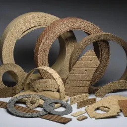 Różne kształty i rozmiary elementów z brązowego, porowatego materiału kompozytowego, ustawione na szarym tle, przypominające wycinki z tartaku.