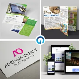 Kolaż prezentujący materiały reklamowe: ulotki o fotowoltaice, broszura o diecie bezglutenowej, wizytówka z logo oraz responsywna strona internetowa na urządzeniach mobilnych.