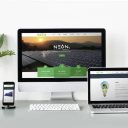 Prezentacja responsywnej strony internetowej firmy Neon, zajmującej się zieloną energią, na monitorze, laptopie i smartfonie, z widocznymi panelami słonecznymi w tle.