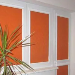 Trzy okna z pomarańczowymi przesłonami, widoczne z bliska, z rośliną doniczkową w lewym dolnym rogu.