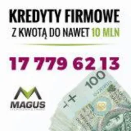 Reklama kredytów firmowych z kwotą do 10 milionów, numer telefonu 17 779 6213, logo firmy Magus i plik banknotów 100 złotowych.