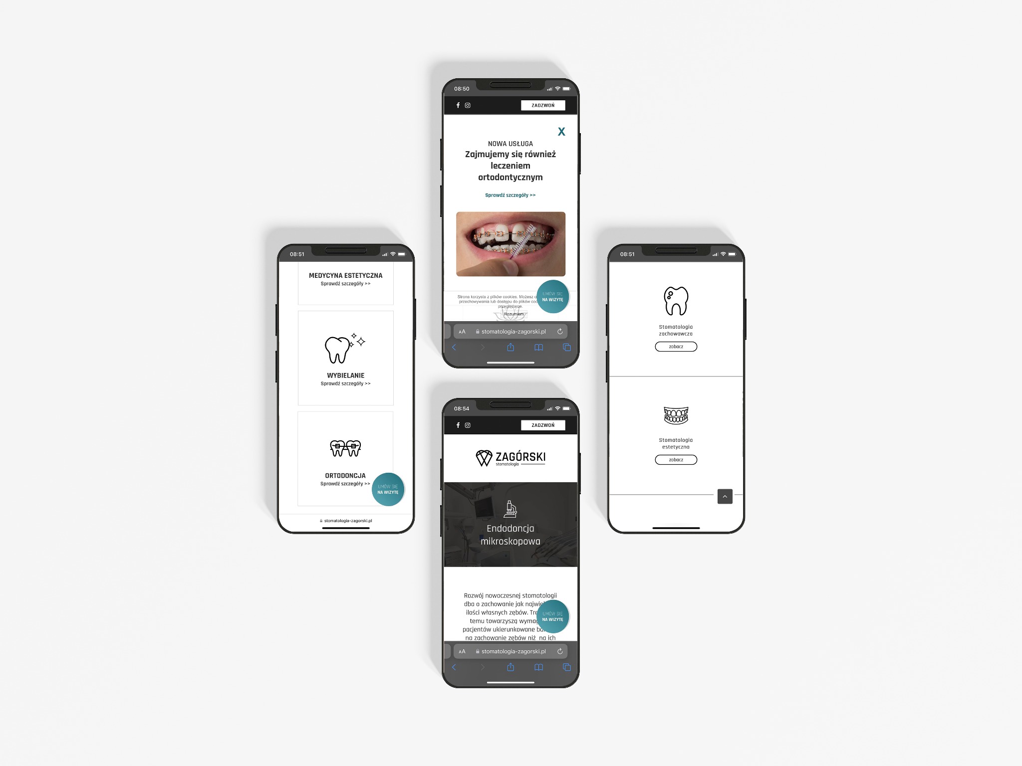 Ekrany smartfonów prezentują stronę internetową stomatologa Zagórskiego, z ofertą leczenia ortodontycznego, endodoncji mikroskopowej, stomatologii zachowawczej i estetycznej. Na jednym ze...